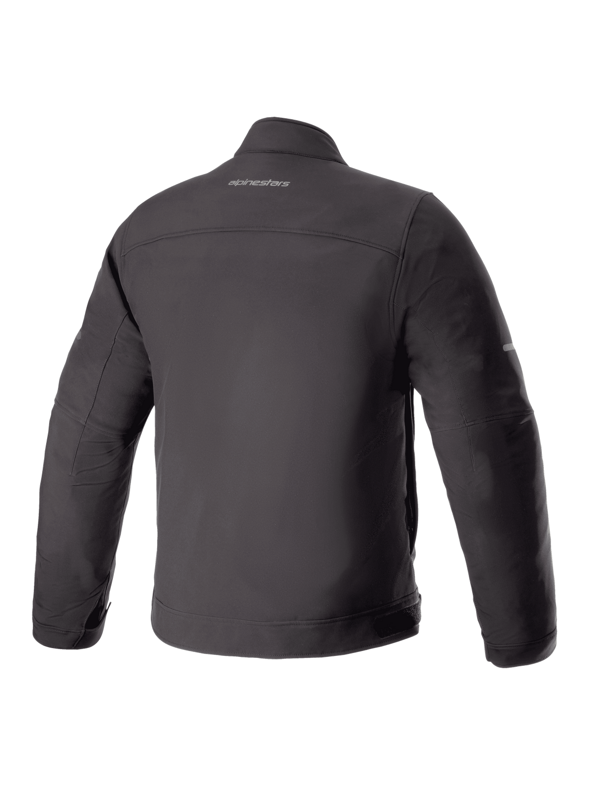 Chaqueta Alpinestars Husker Waterproof, chaqueta de moto, negro, vista posterior con material de softshell mate y logotipo de Alpinestars centrado en la parte superior de la espalda, diseño técnico urbano.