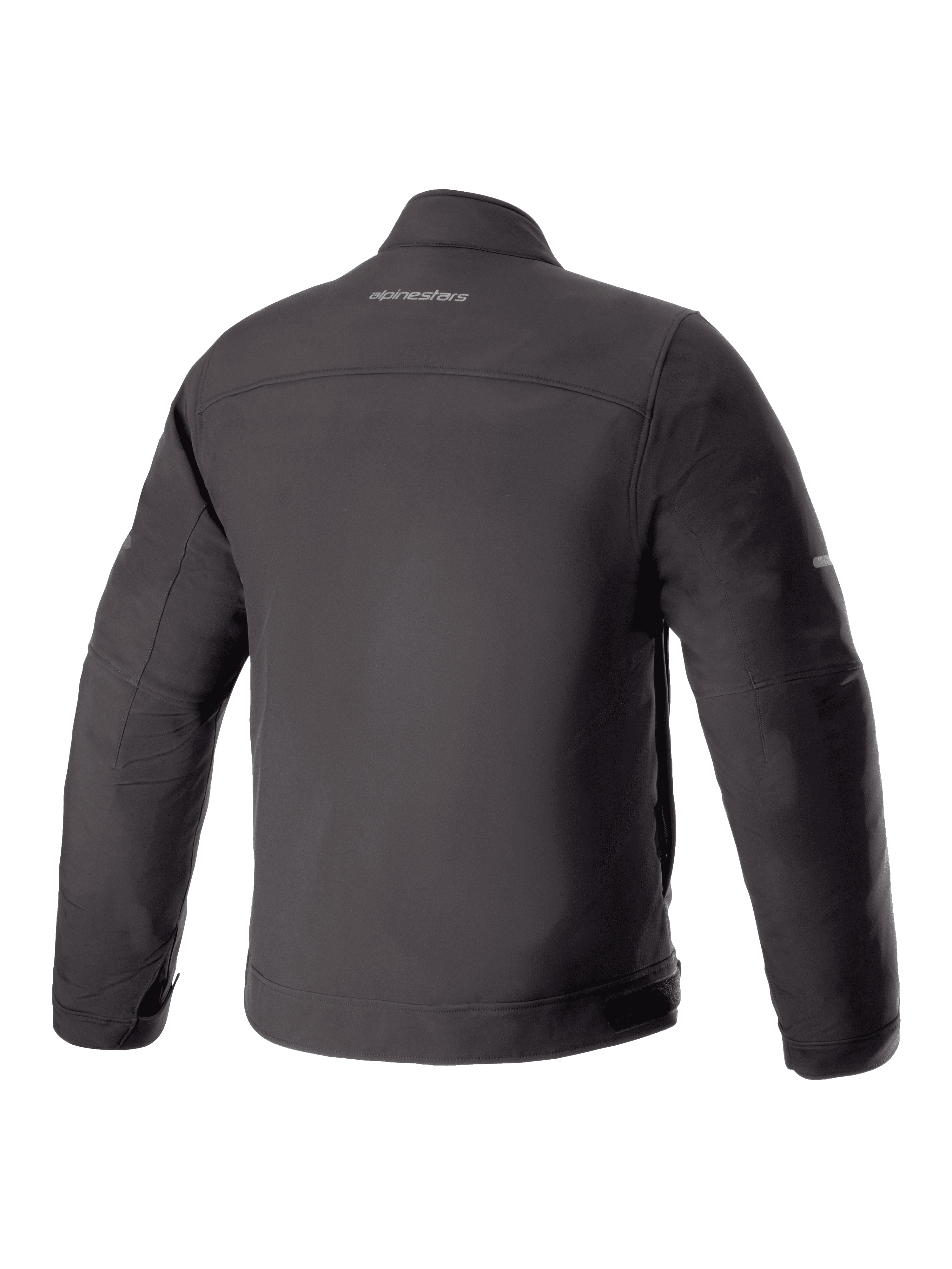 Chaqueta Alpinestars Husker Waterproof, chaqueta de moto, negro, vista posterior con material de softshell mate y logotipo de Alpinestars centrado en la parte superior de la espalda, diseño técnico urbano.