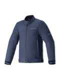 Alpinestars Husker Waterproof Jacket, Motorcycle Jacket, Night Navy, dark blue stretch softshell with high collar and front zipper, adjustable waist and sleeve straps, subtle chest branding, urban commuting and road riding gear