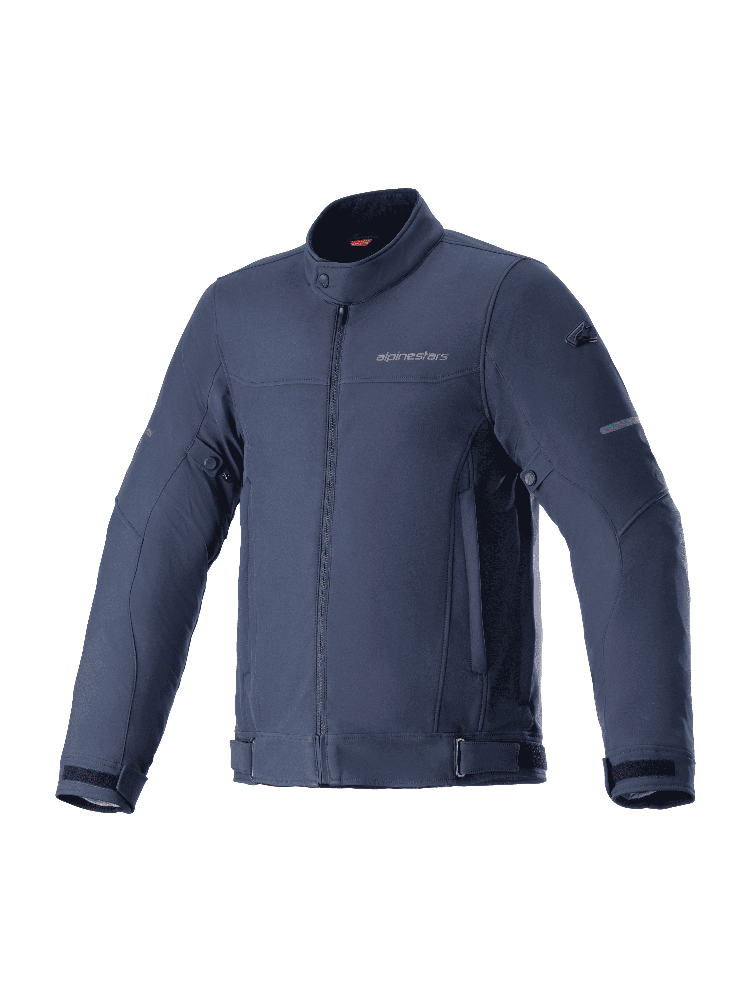 Alpinestars Husker Waterproof Jacket, chaqueta de moto, Night Navy, softshell elástico azul oscuro con cuello alto y cremallera frontal, correas ajustables en cintura y mangas, marca sutil en el pecho, equipamiento para desplazamientos urbanos y conducción por carretera
