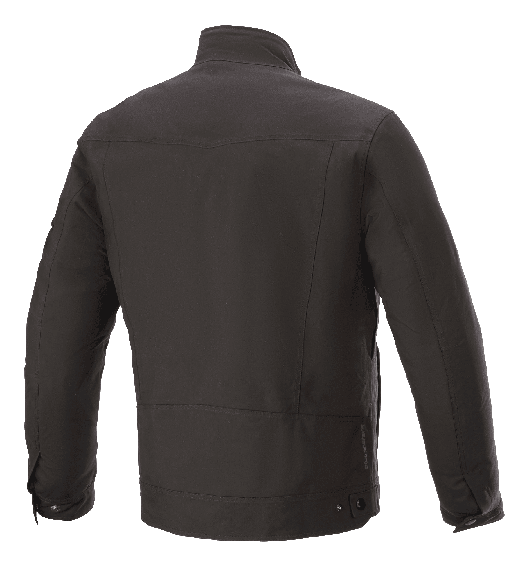 Chaqueta impermeable Alpinestars Solano, negra, vista trasera, chaqueta de moto urbana de estilo informal, confección textil impermeable, cuello recto, detalle sutil del logotipo en la parte baja de la espalda