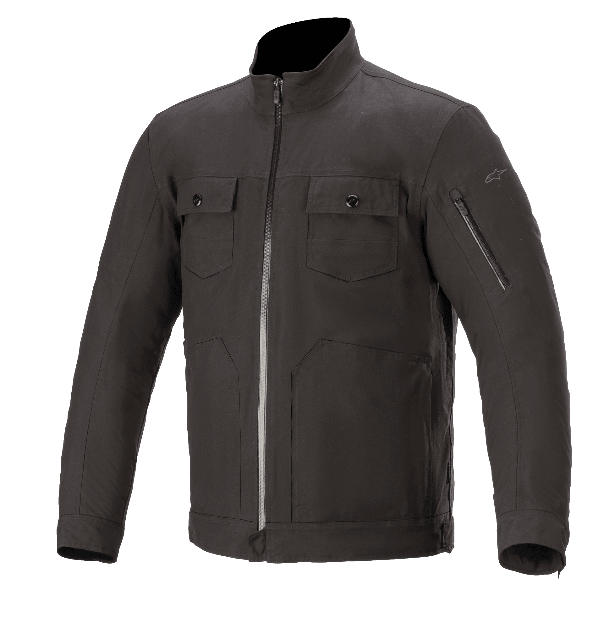 Alpinestars Solano Waterproof Jacket, Urban Motorcycle Jacket, Black, high straight collar with central waterproof zipper, two buttoned chest pockets, zippered pocket on the sleeve, casual textile construction with a smooth finish