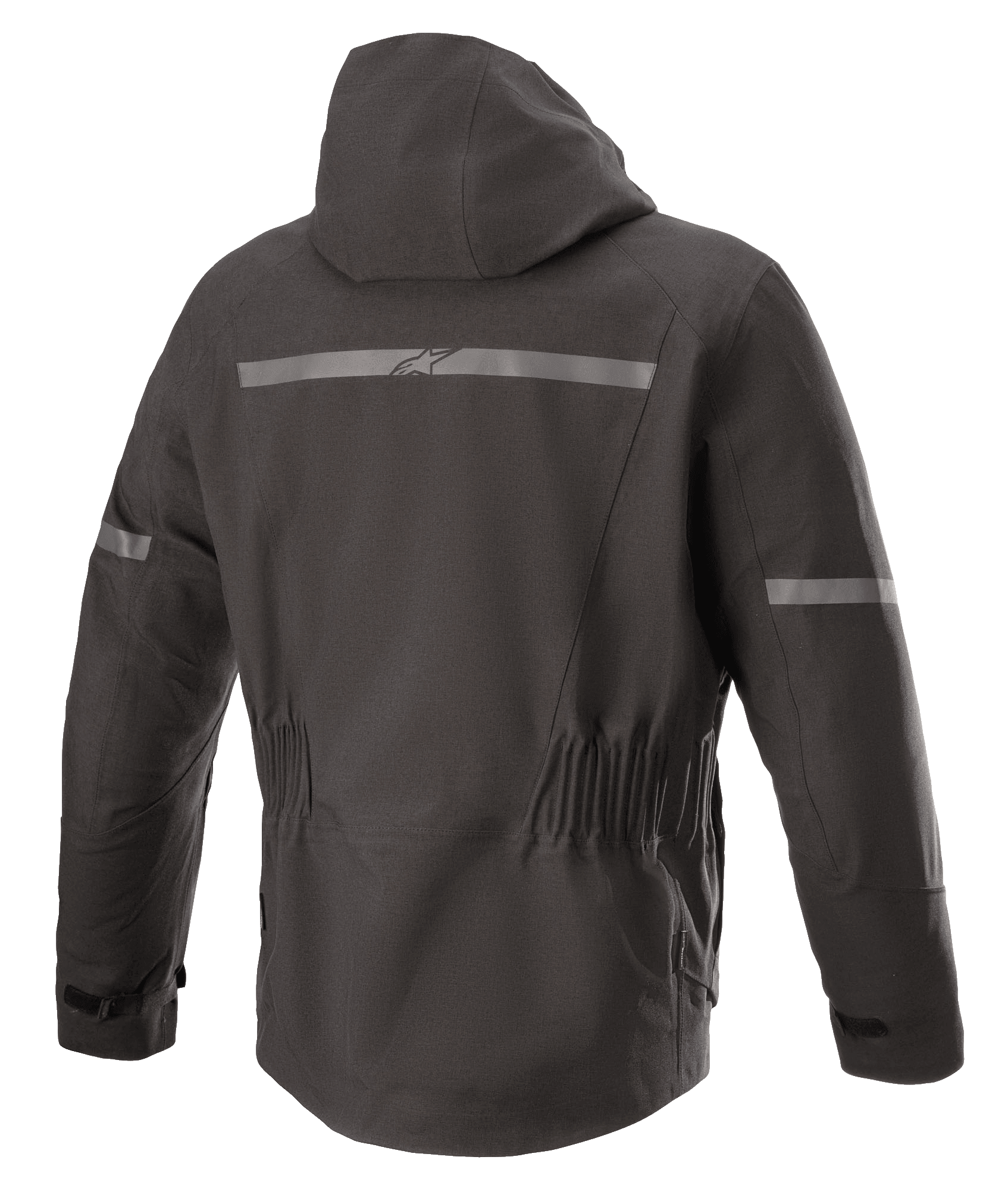 Chaqueta Alpinestars Sirius Drystar® Techshell, chaqueta de moto, Negro Melange, vista posterior con capucha integrada, franja reflectante con el logotipo de Alpinestars, cintura elástica y parte trasera alargada para mayor cobertura al conducir.