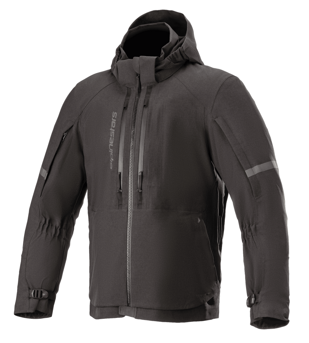 Alpinestars Sirius Drystar Techshell Jacket, chaqueta de moto impermeable, negro melange, diseño textil con capucha y cremalleras verticales en el pecho, franjas reflectantes en las mangas y puños ajustables con hebilla