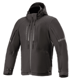 Alpinestars Sirius Drystar Techshell Jacket, chaqueta de moto impermeable, negro melange, diseño textil con capucha y cremalleras verticales en el pecho, franjas reflectantes en las mangas y puños ajustables con hebilla