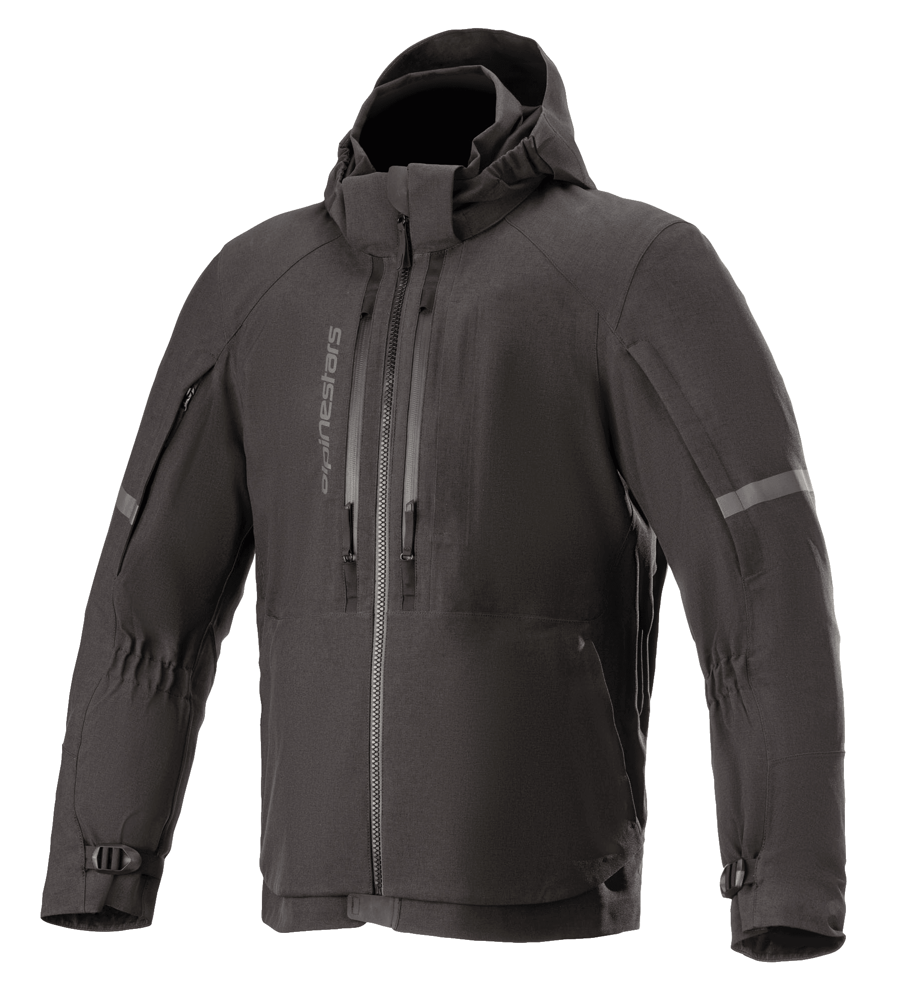 Alpinestars Sirius Drystar Techshell Jacket, chaqueta de moto impermeable, negro melange, diseño textil con capucha y cremalleras verticales en el pecho, franjas reflectantes en las mangas y puños ajustables con hebilla