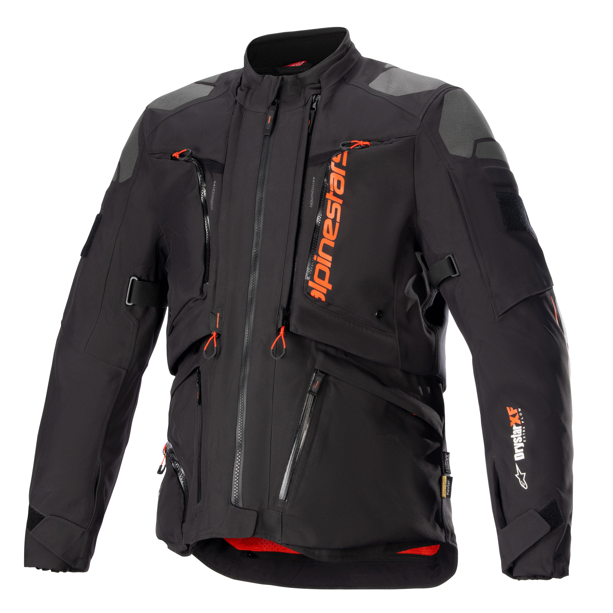 Alpinestars AMT-10R Drystar XF Jacket, Black and Orange, motorcycle adventure touring jacket, grey shoulder patches, multiple zippers with orange pulls, adjustable straps, red interior lining, technical protective gear