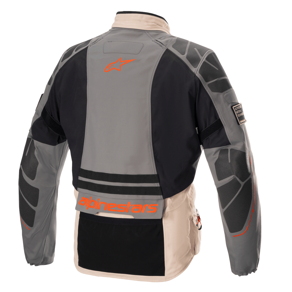 Alpinestars AMT-10R Drystar® XF Jacket, adventure motorcycle jacket, Fur Gray, Pale Brown, and Spicy Orange, rear view showing protective shoulder and elbow reinforcements, orange Alpinestars logo and branding, modular all-weather textile design