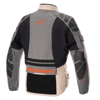 Alpinestars AMT-10R Drystar® XF Jacket, adventure motorcycle jacket, Fur Gray, Pale Brown, and Spicy Orange, rear view showing protective shoulder and elbow reinforcements, orange Alpinestars logo and branding, modular all-weather textile design