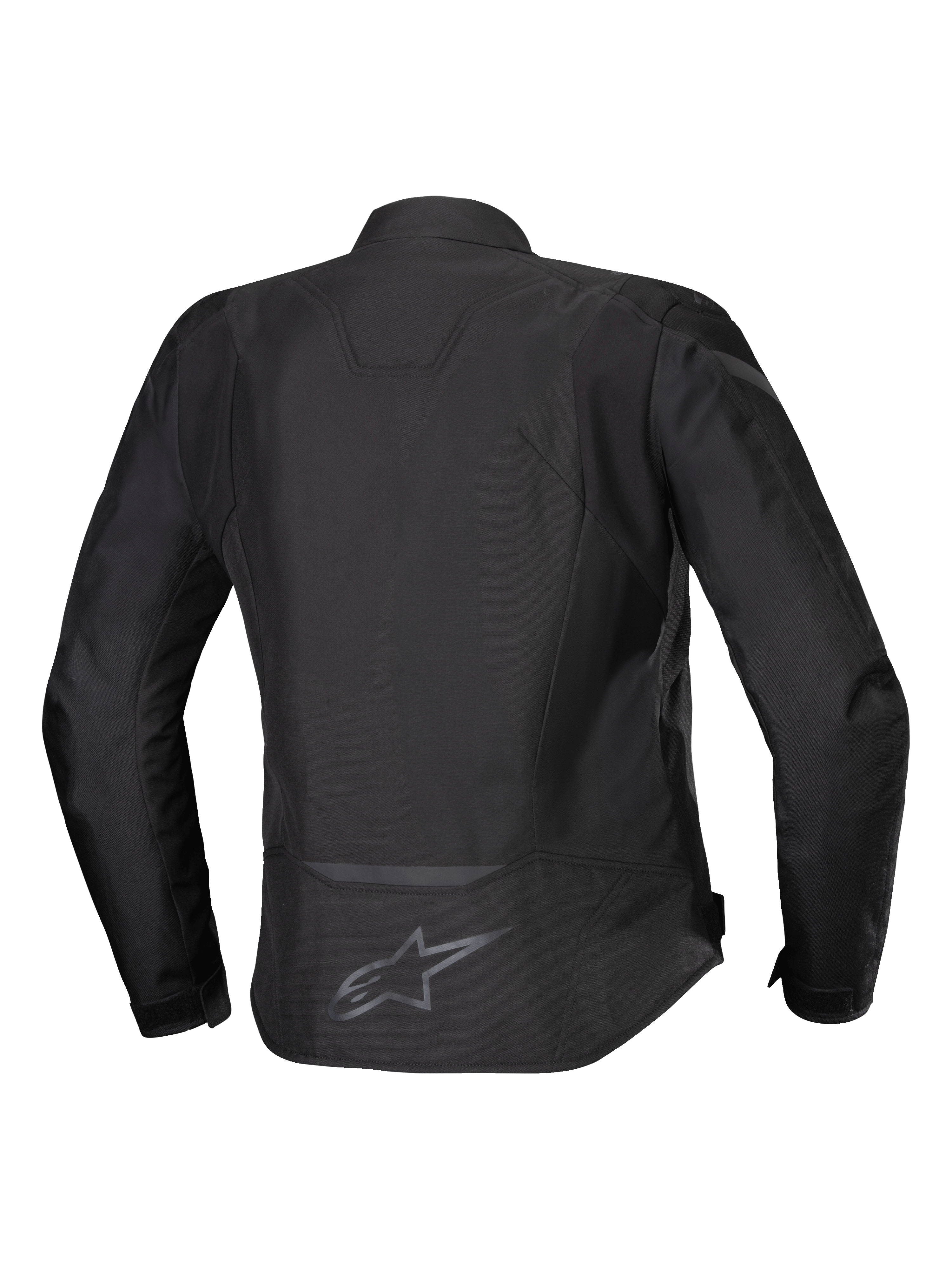 Alpinestars Stella T-Jaws V4 Waterproof Jacket, chaqueta de moto textil para mujer, negro sobre negro, vista posterior que muestra la silueta deportiva ergonómica, detalles reflectantes y el logotipo en la parte inferior de la espalda.