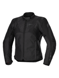 Alpinestars Stella T-Jaws V4 Waterproof Jacket, chaqueta de moto para mujer, negro sobre negro, cierre de cremallera frontal, cuello ergonómico, logotipo sutil de Alpinestars en el pecho, construcción textil duradera con un ajuste deportivo inspirado en las carreras