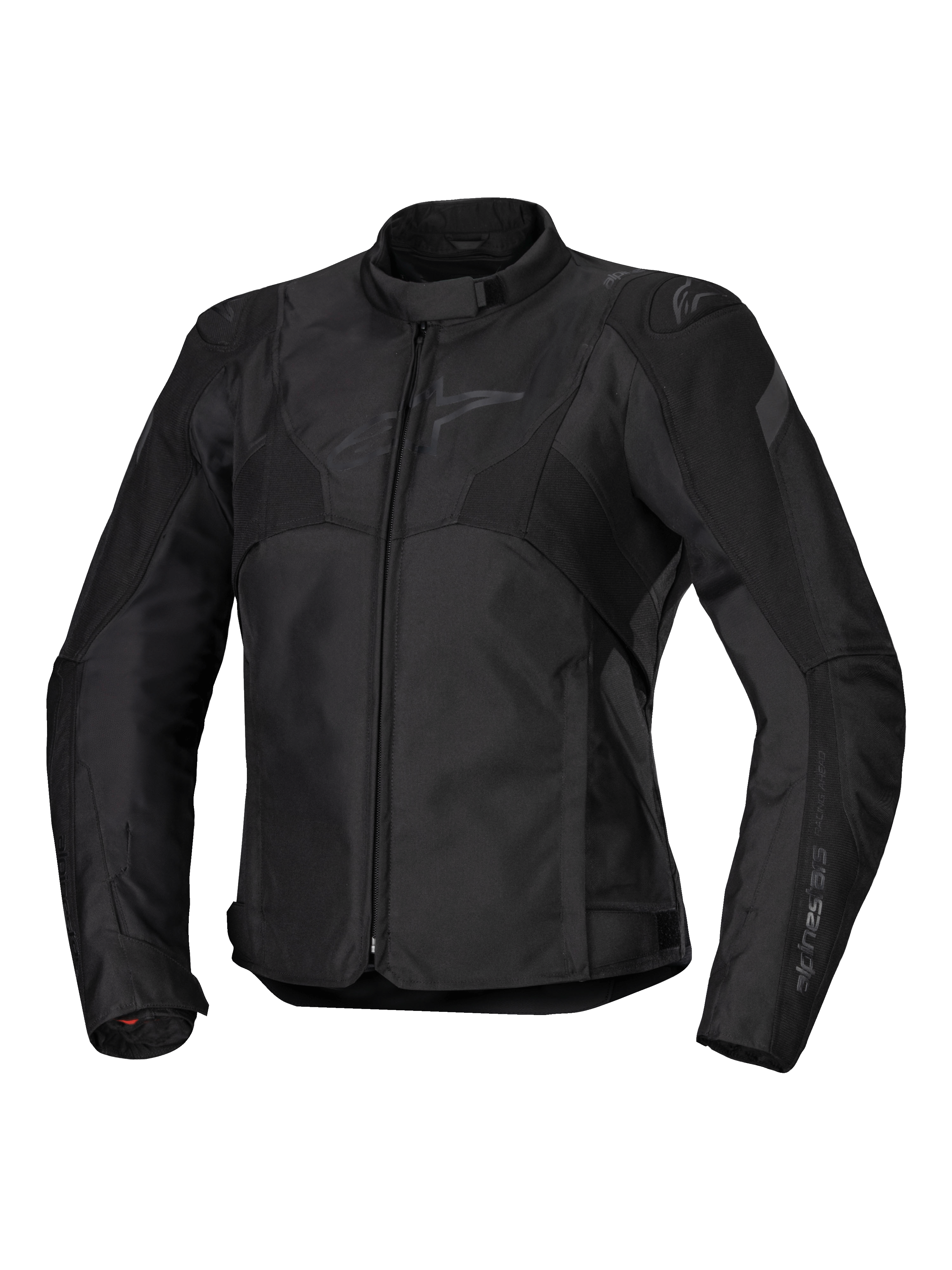 Alpinestars Stella T-Jaws V4 Waterproof Jacket, chaqueta de moto para mujer, negro sobre negro, cierre de cremallera frontal, cuello ergonómico, logotipo sutil de Alpinestars en el pecho, construcción textil duradera con un ajuste deportivo inspirado en las carreras