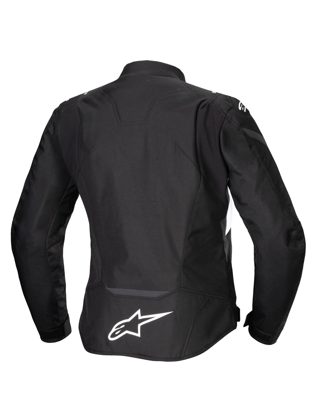 Alpinestars Stella T-Jaws V4 Waterproof Jacket, Women's Motorcycle Jacket, Black with white accents, Rear view featuring white Alpinestars logo on the lower back, sleek sport-fit textile design