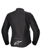 Alpinestars Stella T-Jaws V4 Waterproof Jacket, Women's Motorcycle Jacket, Black with white accents, Rear view featuring white Alpinestars logo on the lower back, sleek sport-fit textile design
