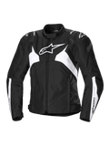 Alpinestars Stella T-Jaws V4 Waterproof Jacket, Women's Sport Motorcycle Jacket, Black and White, featuring a prominent white star logo on the chest, angular white panels on the torso and sleeves, and GP Lite shoulder reinforcements in a fitted 3D sport silhouette.