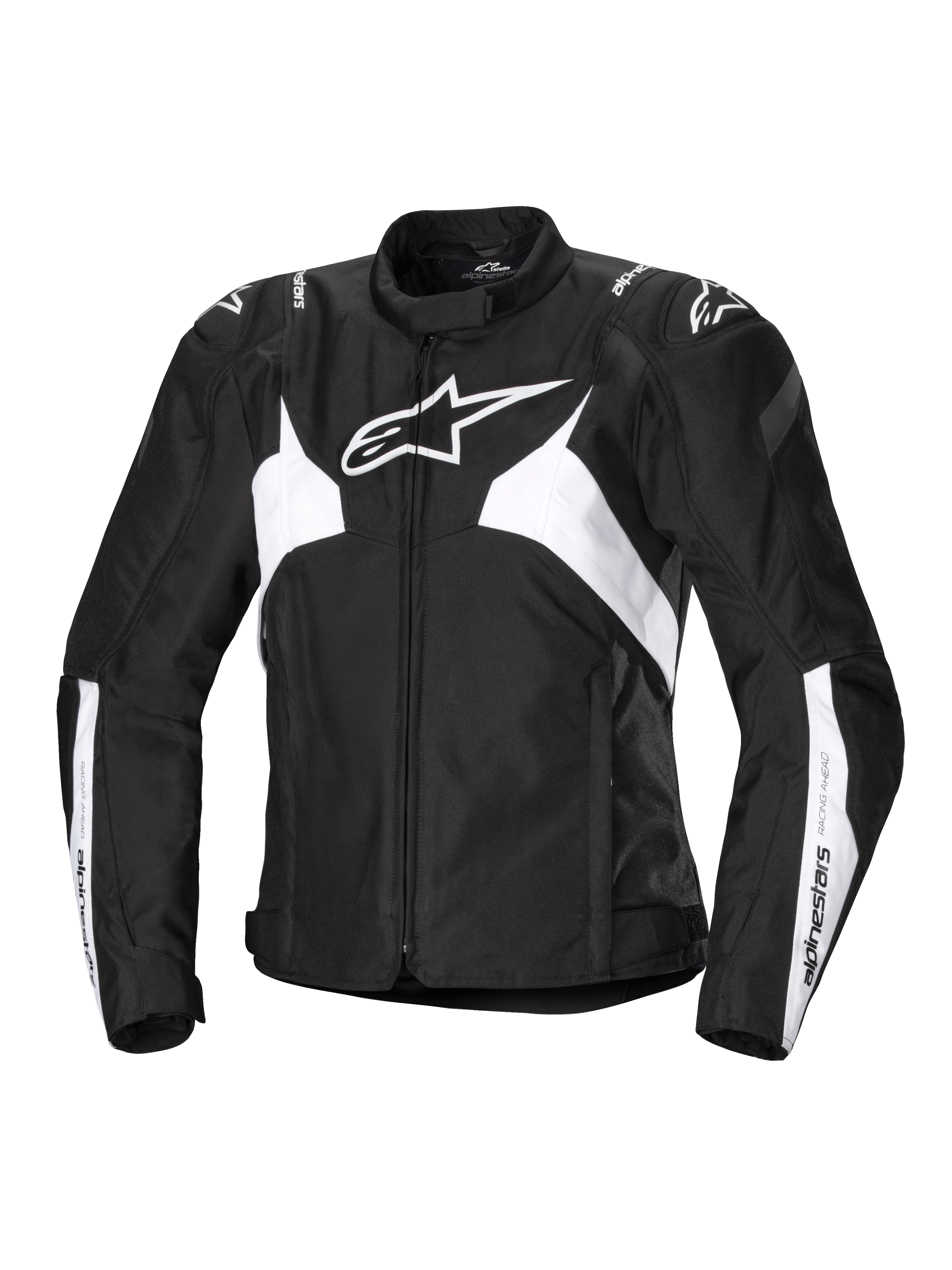 Alpinestars Stella T-Jaws V4 Waterproof Jacket, chaqueta de moto deportiva para mujer, negra y blanca, con un prominente logo de estrella blanca en el pecho, paneles blancos angulares en el torso y las mangas, y refuerzos GP Lite en los hombros con una silueta deportiva 3D ajustada