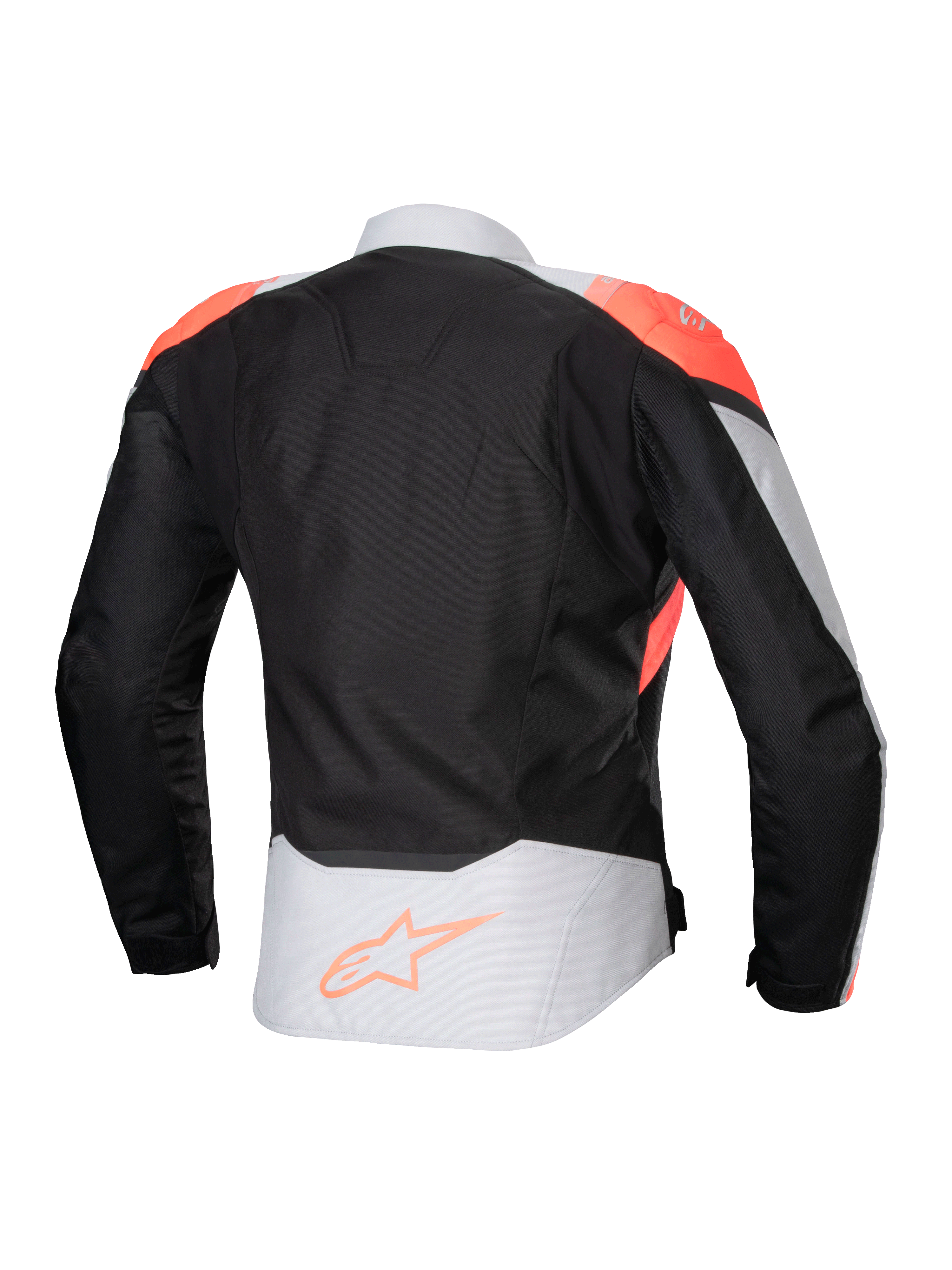 Chaqueta impermeable Alpinestars Stella T-Jaws V4, chaqueta de moto para mujer, color negro, gris hielo y coral fluorescente, vista trasera con detalles en coral fluorescente en los hombros y logotipo de Alpinestars en la parte inferior de la espalda, construcción en tejido técnico para conducción en cualquier clima.