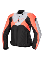 Alpinestars Stella T-Jaws V4 Waterproof Jacket, chaqueta de moto textil deportiva para mujer, negra, gris hielo y coral flúor, con cuello alto, cremallera frontal, bloques de color angulares y logotipos en el pecho y las mangas