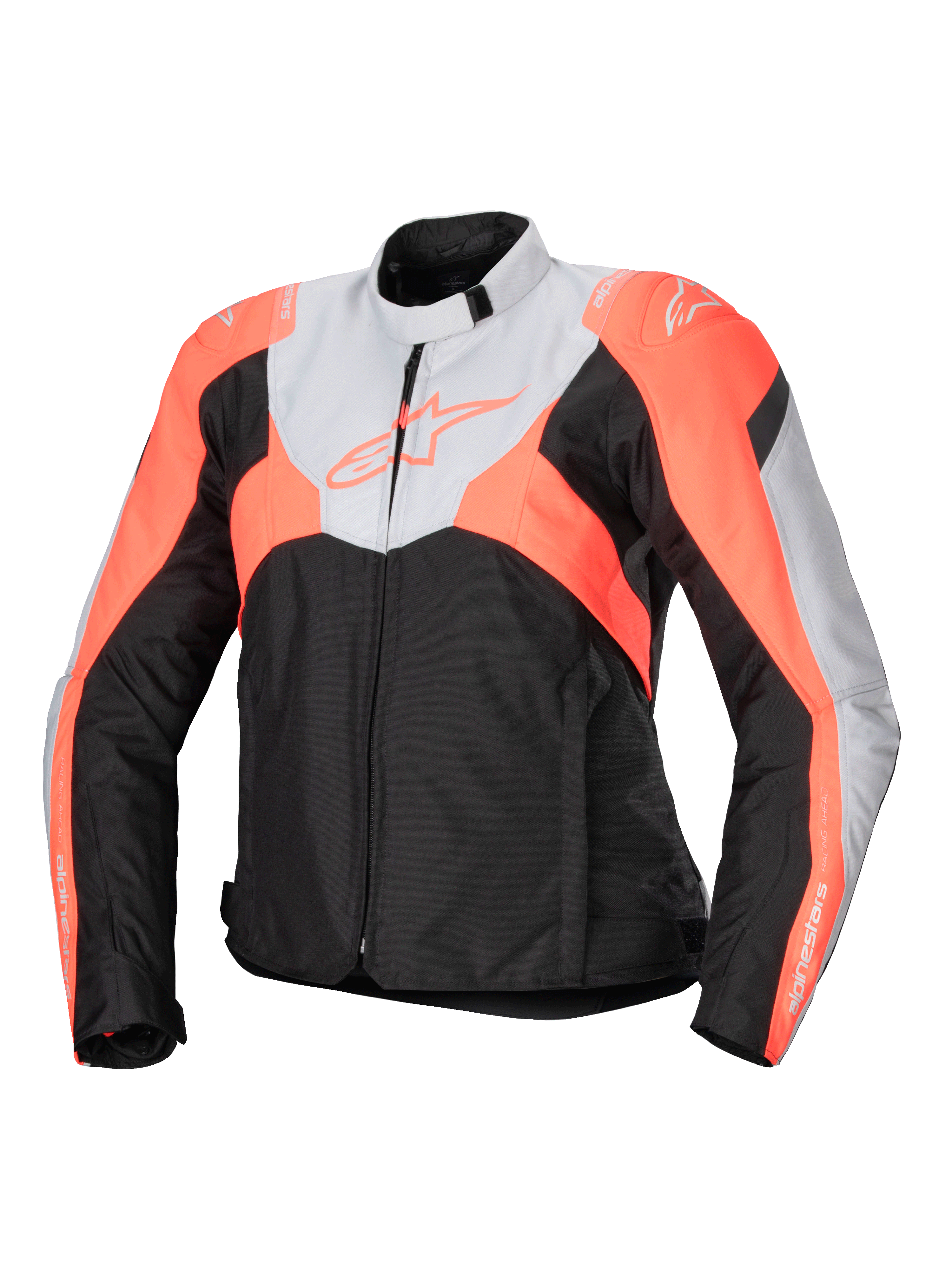 Alpinestars Stella T-Jaws V4 Waterproof Jacket, chaqueta de moto textil deportiva para mujer, negra, gris hielo y coral flúor, con cuello alto, cremallera frontal, bloques de color angulares y logotipos en el pecho y las mangas