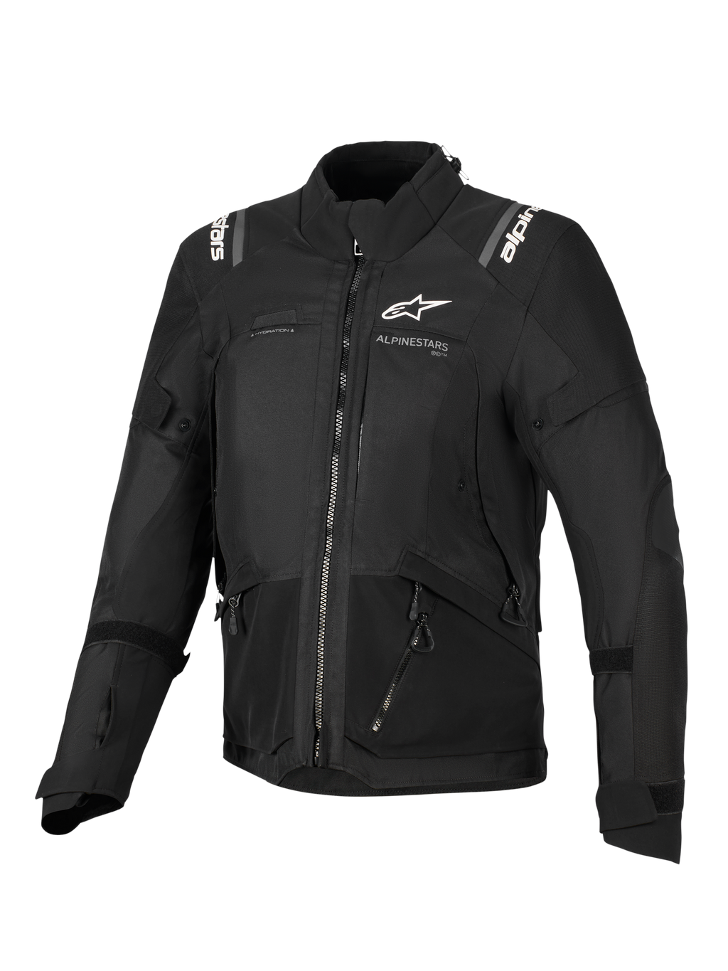 Alpinestars Stella Andes V4 Drystar® Jacket, Women's Motorcycle Jacket, Black, front view featuring white logos on the chest and shoulders, multi-panel textile design with zippers and reflective details, adventure-touring style