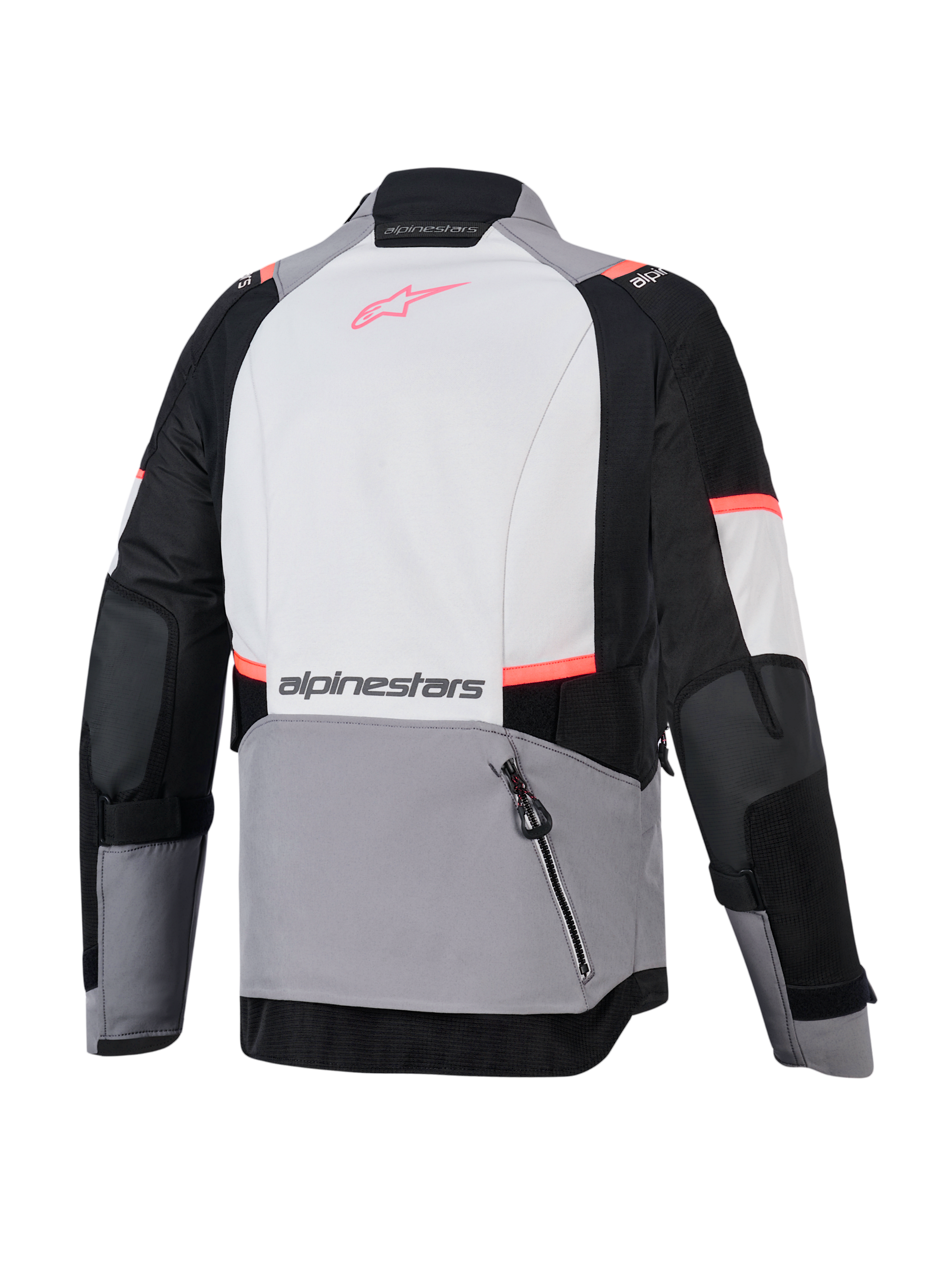 Alpinestars Stella Andes V4 Drystar, chaqueta de moto para mujer, gris y negra, vista trasera con bolsillo de carga