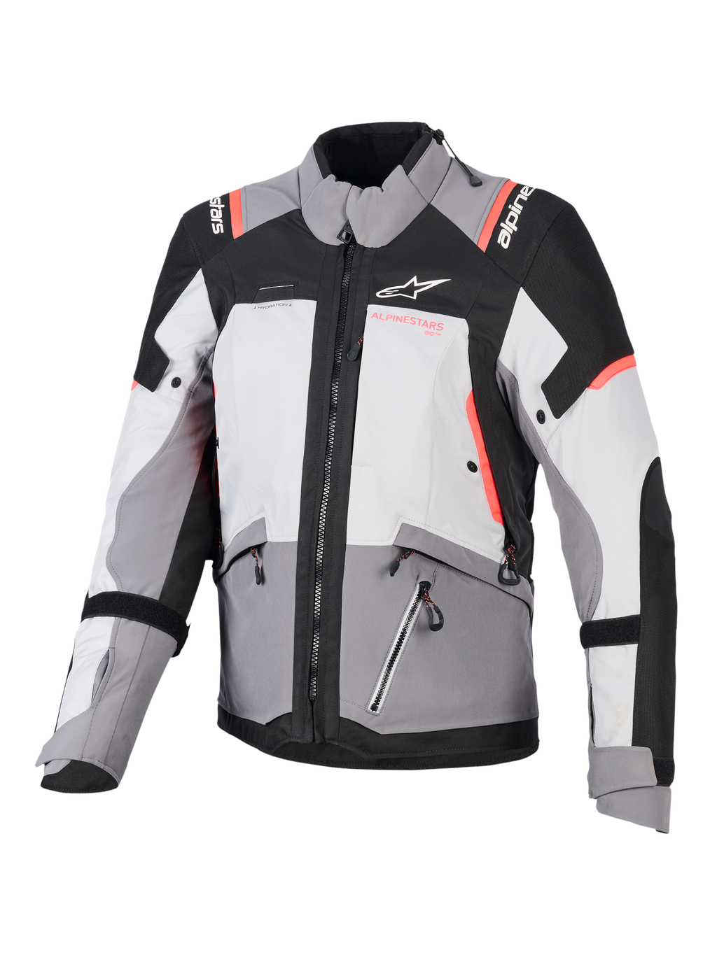 Alpinestars Stella Andes V4 Drystar, chaqueta de aventura para mujer, gris y negra con detalles coral, textil impermeable.