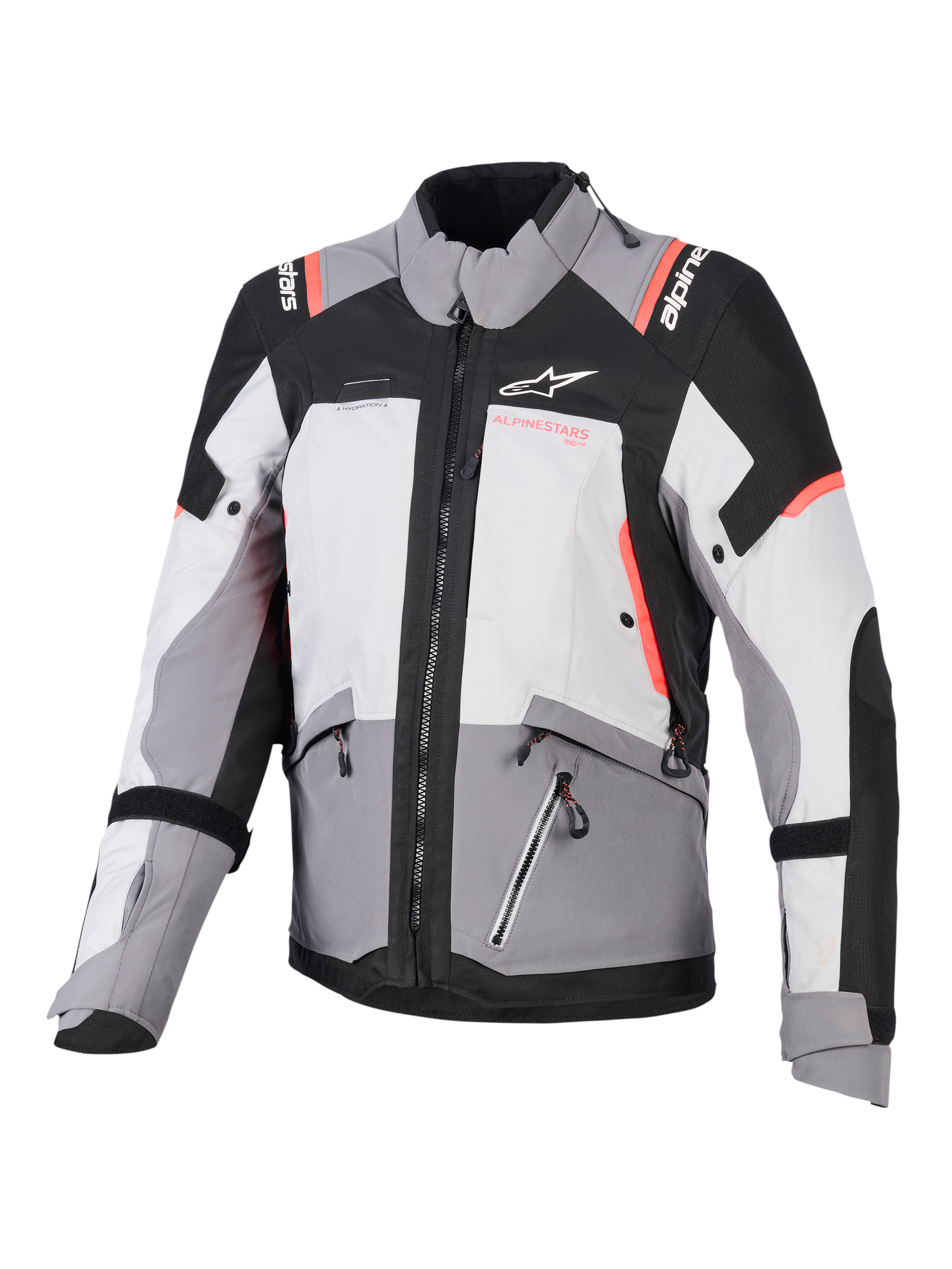 Alpinestars Stella Andes V4 Drystar, chaqueta de aventura para mujer, gris y negra con detalles coral, textil impermeable.