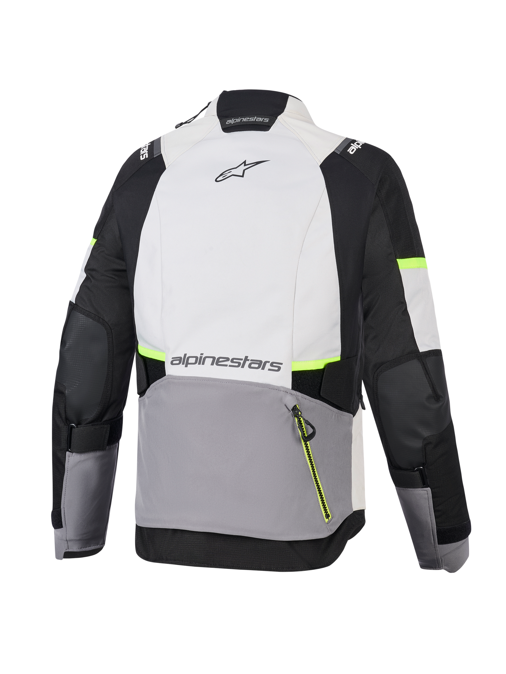 Chaqueta Alpinestars Stella Andes V4 Drystar®, chaqueta de moto de aventura para mujer, gris hielo, gris oscuro y negro con detalles en amarillo flúor, vista trasera que muestra el gran bolsillo posterior y la marca Alpinestars