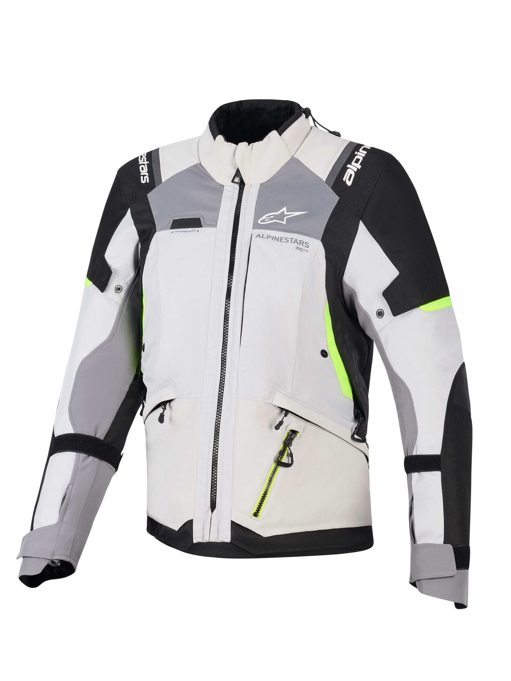 Chaqueta Alpinestars Stella Andes V4 Drystar® para mujer, chaqueta de turismo de aventura para mujer, gris hielo y gris oscuro con detalles en negro y amarillo flúor, construcción textil duradera con cremalleras impermeables y logotipos de Alpinestars, vista frontal