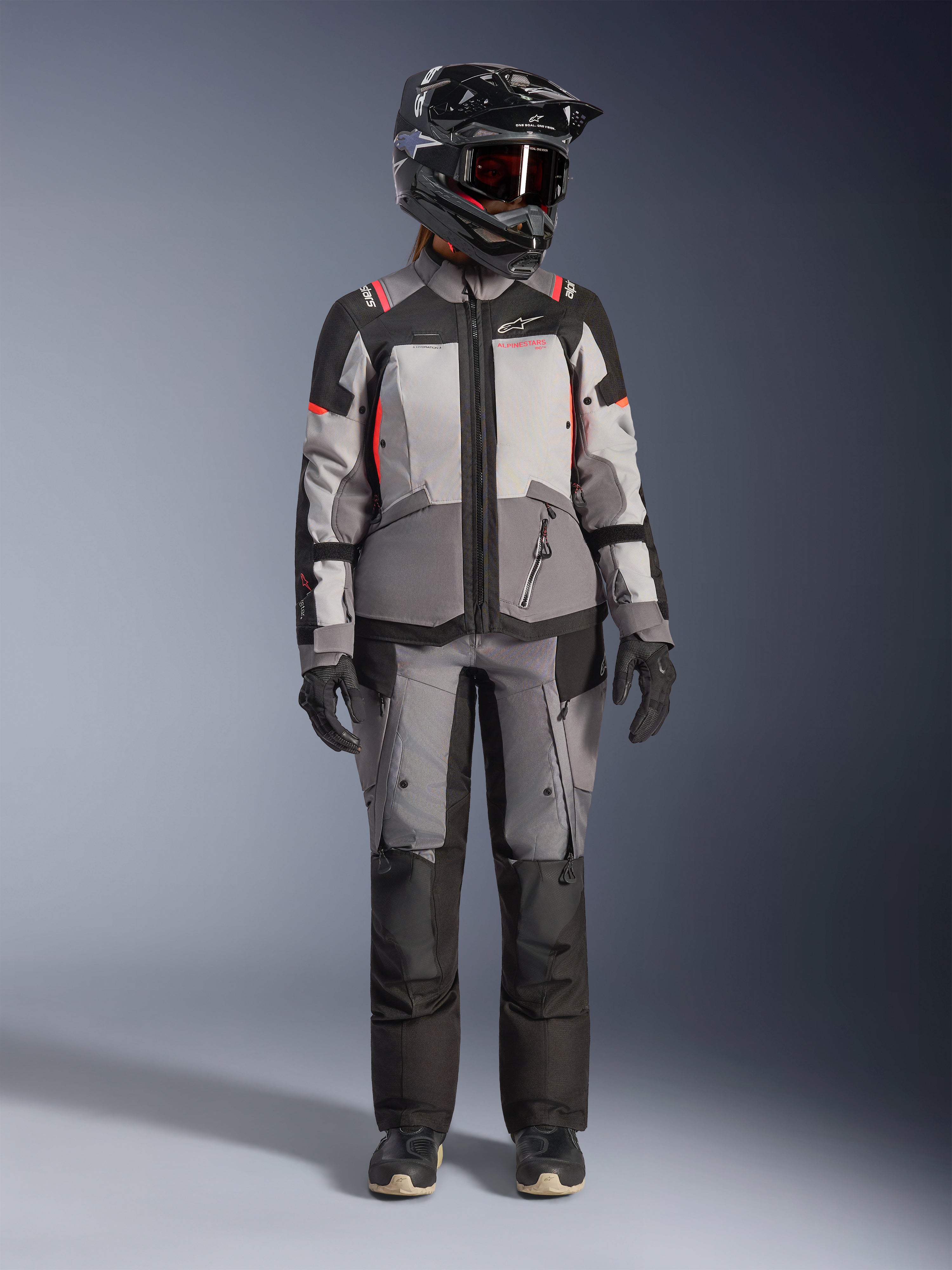 Alpinestars chaqueta Stella Andes V4 Drystar, equipo de aventura para mujer, gris y coral flúor, con pantalones a juego