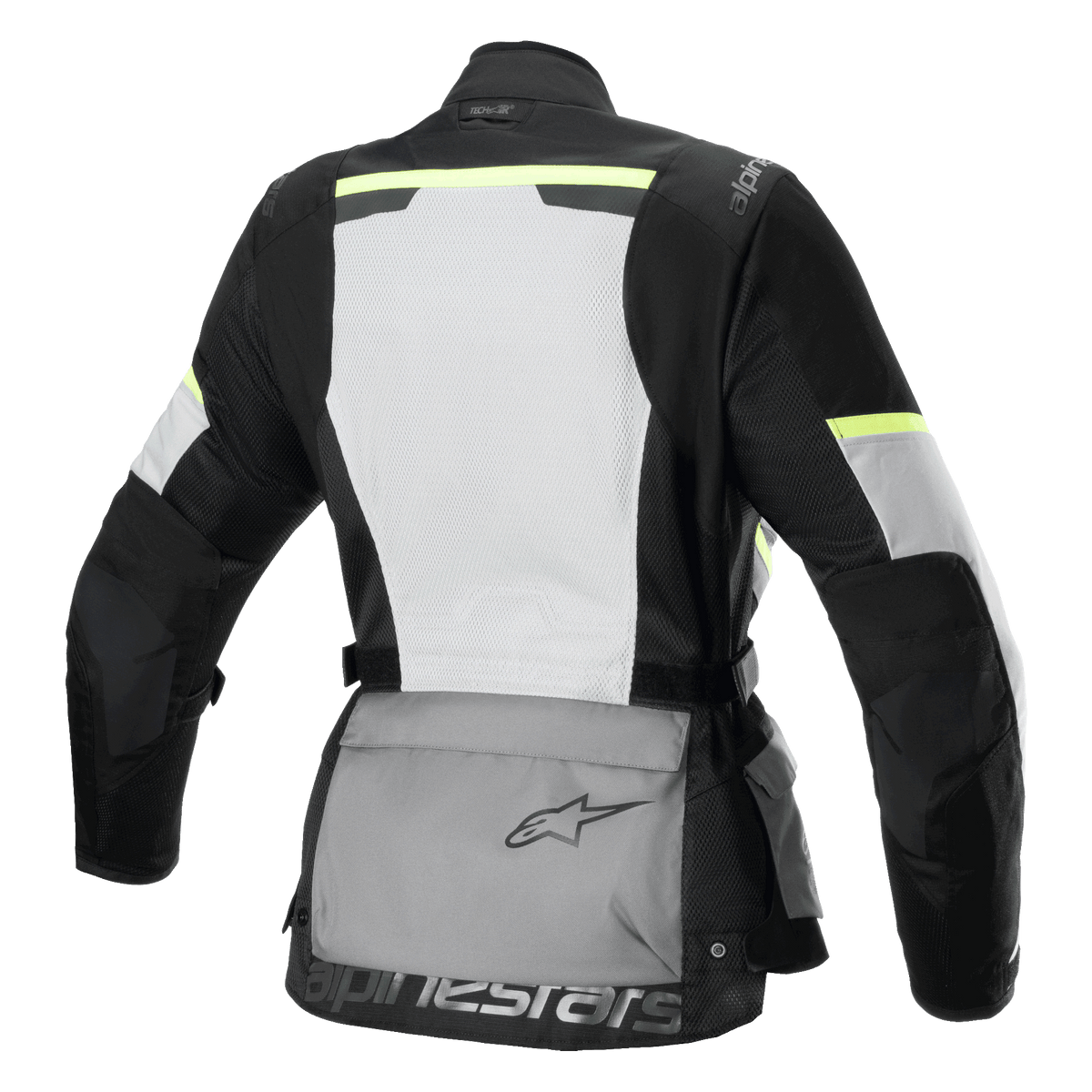 Chaqueta Alpinestars Stella Andes Air Drystar®, chaqueta de moto touring para mujer, vista trasera, gris hielo, gris oscuro y negro, con un gran panel de malla blanca en la espalda, bolsillo trasero gris con logo, detalles amarillos de alta visibilidad y construcción textil para flujo de aire y protección.