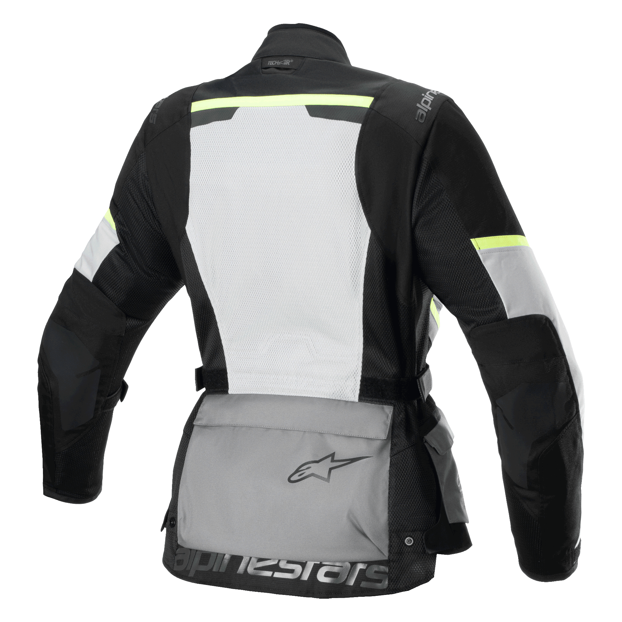 Chaqueta Alpinestars Stella Andes Air Drystar®, chaqueta de moto touring para mujer, vista trasera, gris hielo, gris oscuro y negro, con un gran panel de malla blanca en la espalda, bolsillo trasero gris con logo, detalles amarillos de alta visibilidad y construcción textil para flujo de aire y protección.