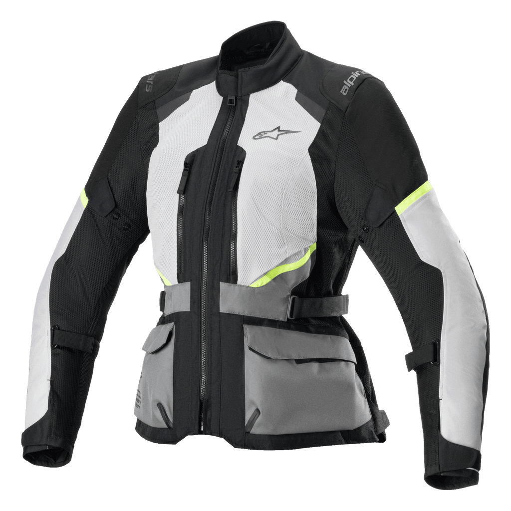 Chaqueta Alpinestars Stella Andes Air Drystar, chaqueta de moto de turismo para mujer, gris hielo y gris oscuro con detalles en negro y amarillo neón, con amplios paneles de ventilación de malla, bolsillos utilitarios frontales y correas de cintura ajustables, diseño técnico de turismo