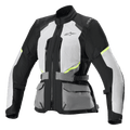 Chaqueta Alpinestars Stella Andes Air Drystar, chaqueta de moto de turismo para mujer, gris hielo y gris oscuro con detalles en negro y amarillo neón, con amplios paneles de ventilación de malla, bolsillos utilitarios frontales y correas de cintura ajustables, diseño técnico de turismo