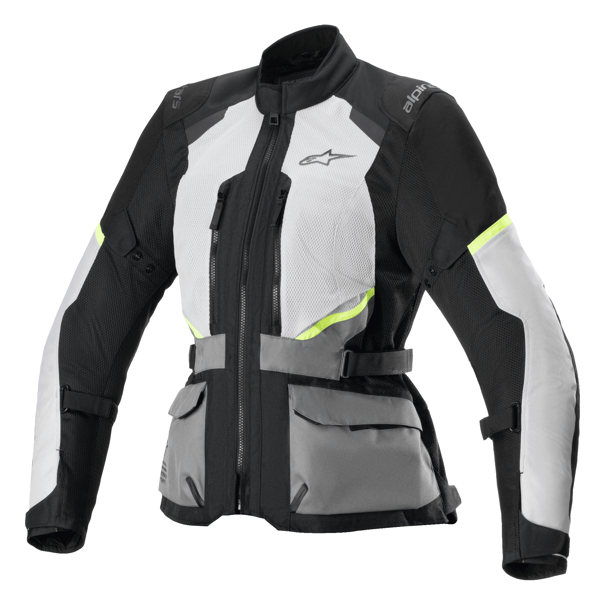 Chaqueta Alpinestars Stella Andes Air Drystar, chaqueta de moto de turismo para mujer, gris hielo y gris oscuro con detalles en negro y amarillo neón, con amplios paneles de ventilación de malla, bolsillos utilitarios frontales y correas de cintura ajustables, diseño técnico de turismo