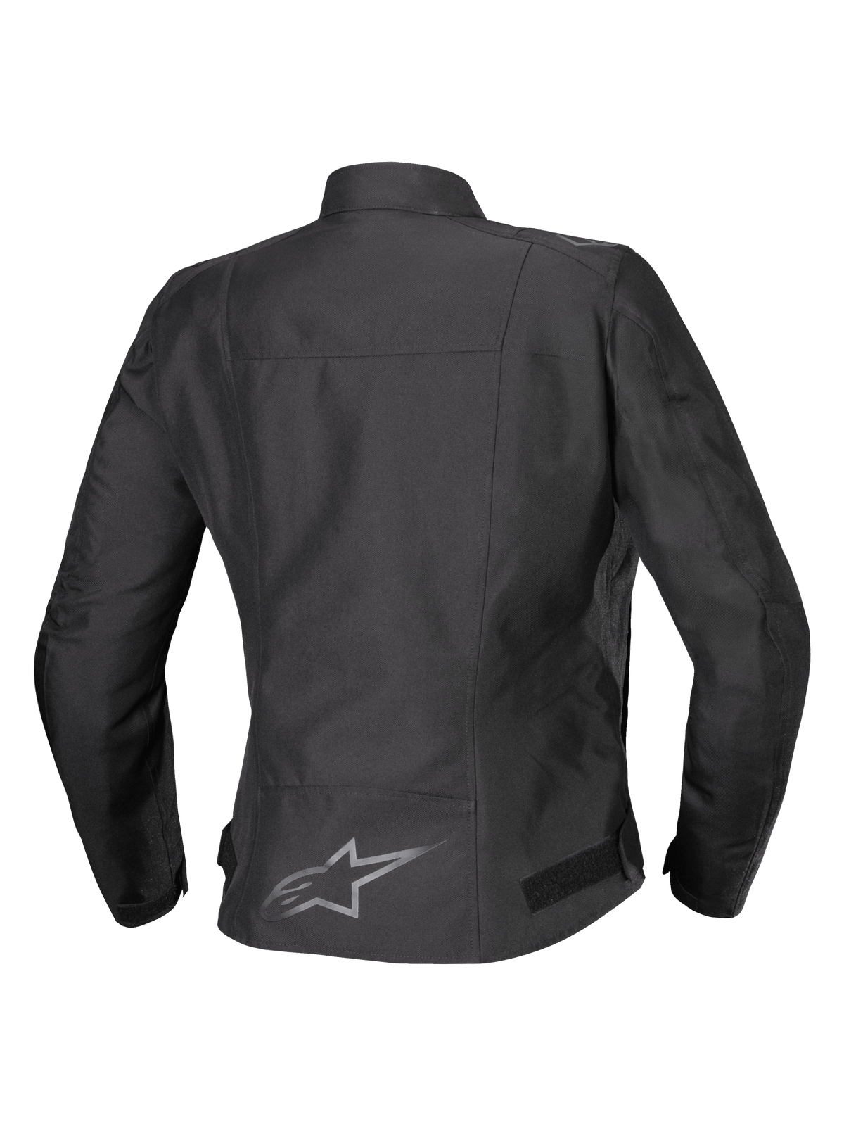 Chaqueta impermeable Alpinestars Stella T-SPS V2, vista posterior, negro, chaqueta de moto textil para mujer con un logotipo reflectante en la parte inferior de la espalda y una silueta de contorno deportivo