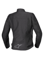 Chaqueta impermeable Alpinestars Stella T-SPS V2, vista posterior, negro, chaqueta de moto textil para mujer con un logotipo reflectante en la parte inferior de la espalda y una silueta de contorno deportivo