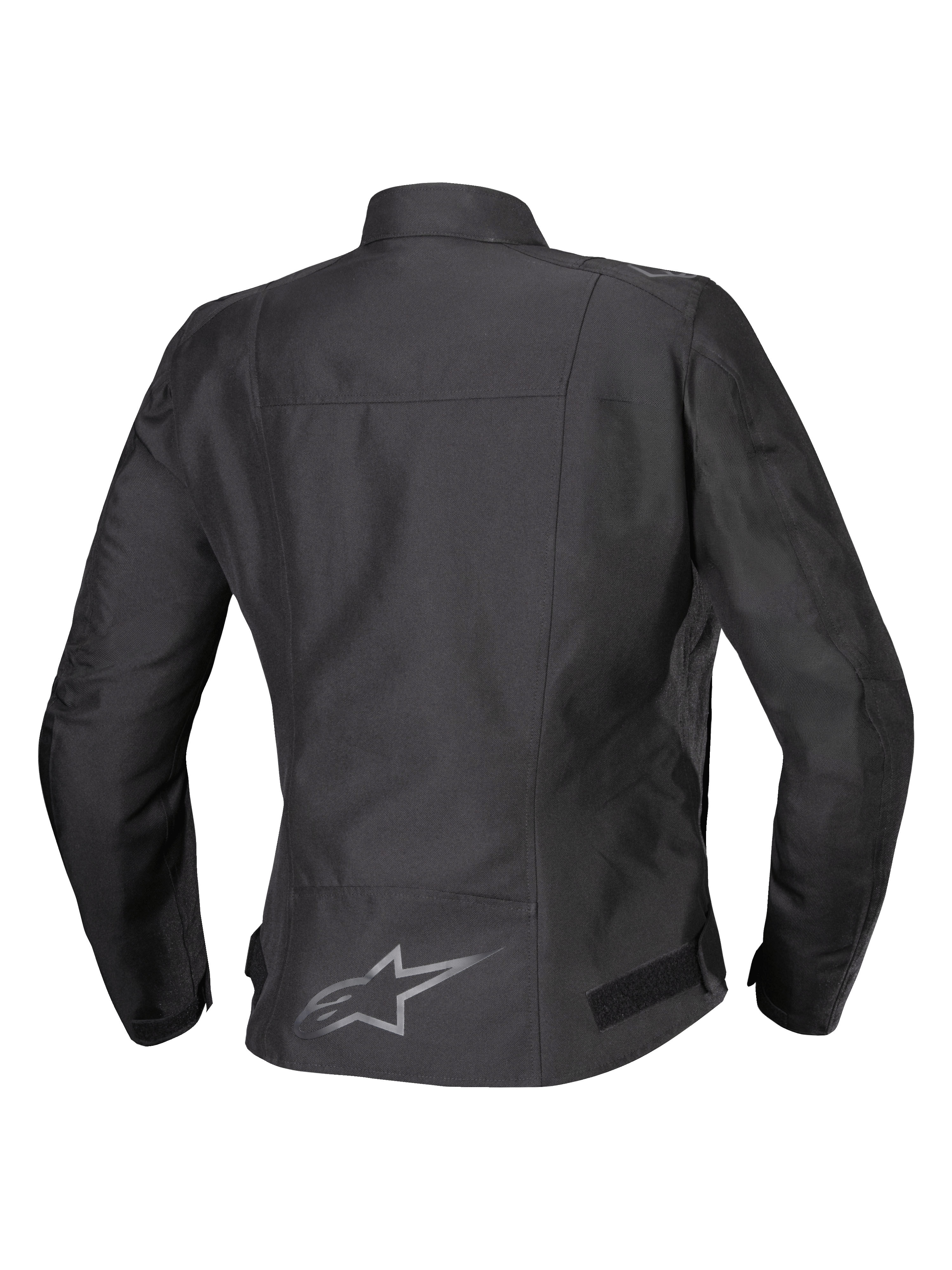 Chaqueta impermeable Alpinestars Stella T-SPS V2, vista posterior, negro, chaqueta de moto textil para mujer con un logotipo reflectante en la parte inferior de la espalda y una silueta de contorno deportivo