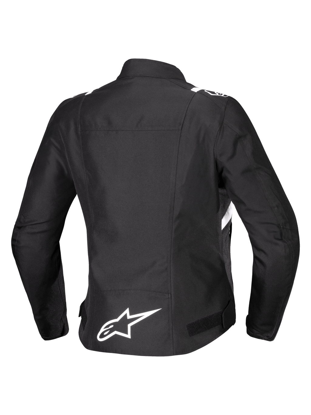 Chaqueta impermeable Alpinestars Stella T-SPS V2, vista trasera, chaqueta de moto textil para mujer, negra con detalles blancos, con el logotipo de la estrella de Alpinestars en blanco en la parte inferior de la espalda y silueta deportiva inspirada en las carreras