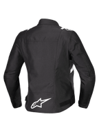 Chaqueta impermeable Alpinestars Stella T-SPS V2, vista trasera, chaqueta de moto textil para mujer, negra con detalles blancos, con el logotipo de la estrella de Alpinestars en blanco en la parte inferior de la espalda y silueta deportiva inspirada en las carreras