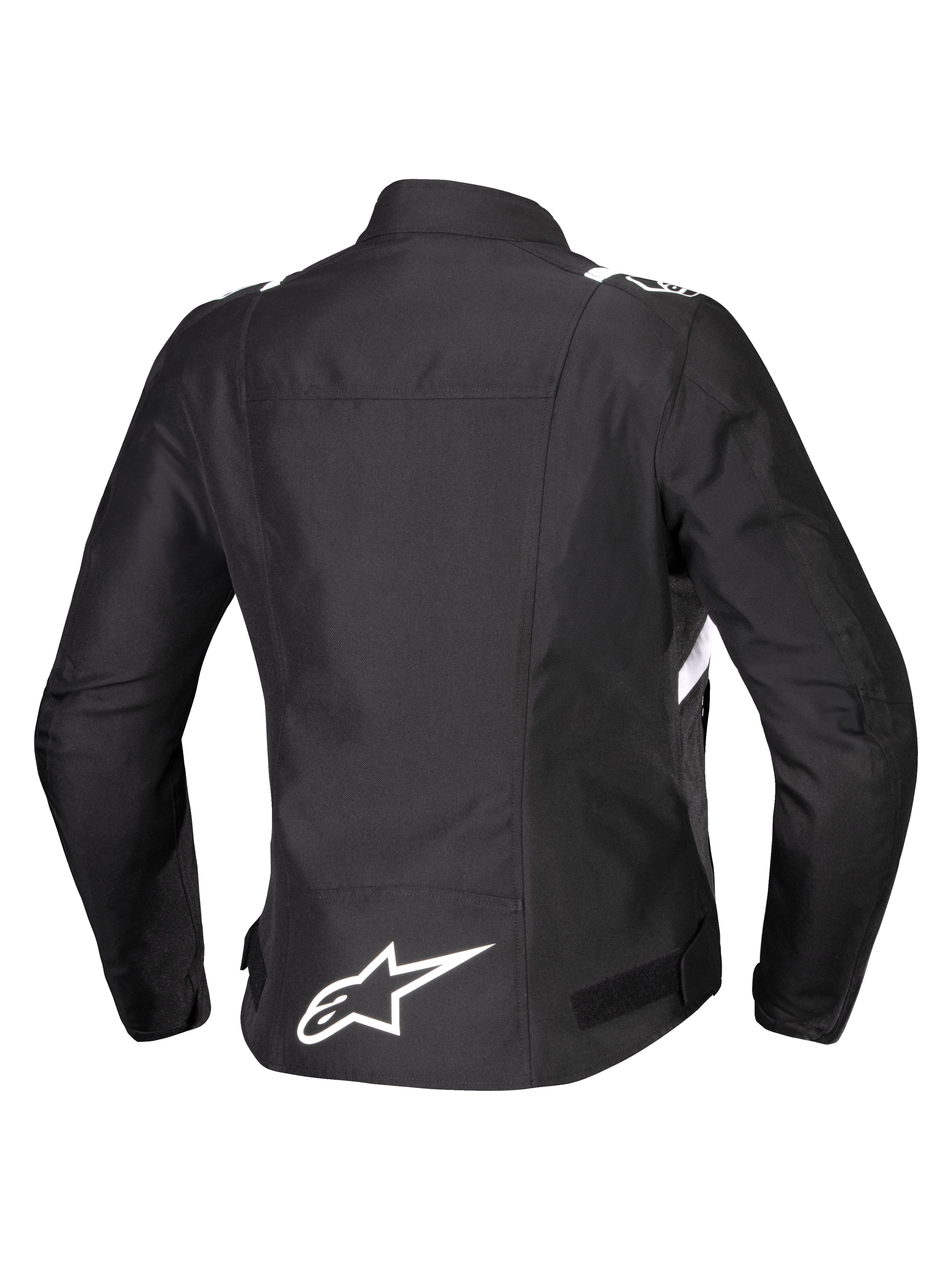 Chaqueta impermeable Alpinestars Stella T-SPS V2, vista trasera, chaqueta de moto textil para mujer, negra con detalles blancos, con el logotipo de la estrella de Alpinestars en blanco en la parte inferior de la espalda y silueta deportiva inspirada en las carreras