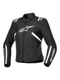 Alpinestars Stella T-SPS V2 Waterproof Jacket, chaqueta de moto para mujer, negra y blanca, con un gran logo de estrella blanca en el pecho, rayas blancas en hombros y mangas, silueta estilizada inspirada en las carreras, cuello alto y tejido textil duradero