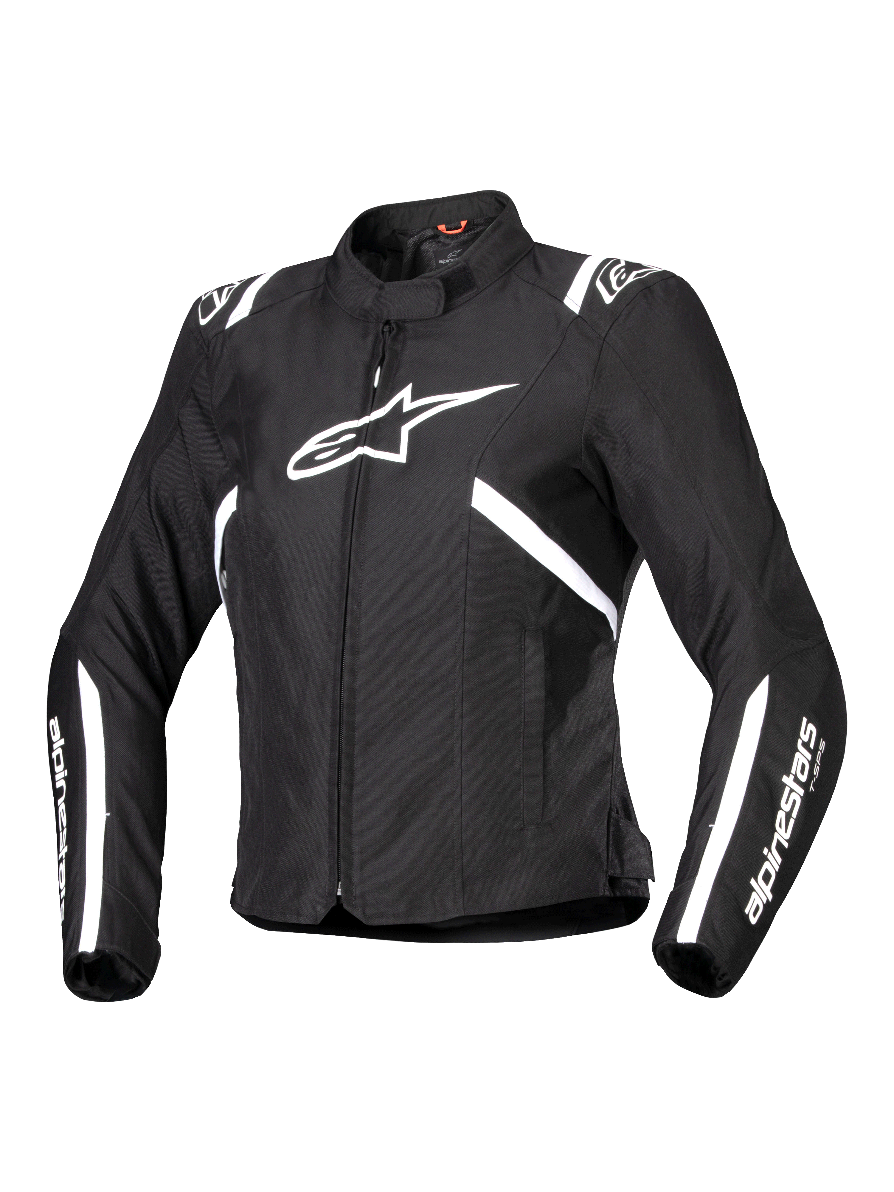 Alpinestars Stella T-SPS V2 Waterproof Jacket, chaqueta de moto para mujer, negra y blanca, con un gran logo de estrella blanca en el pecho, rayas blancas en hombros y mangas, silueta estilizada inspirada en las carreras, cuello alto y tejido textil duradero