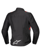 Chaqueta Alpinestars Stella T-SPS V2 Waterproof, vista trasera, negra con detalles en rojo y blanco, chaqueta de moto textil para mujer con un gran logotipo de Alpinestars blanco en la parte baja de la espalda y silueta deportiva