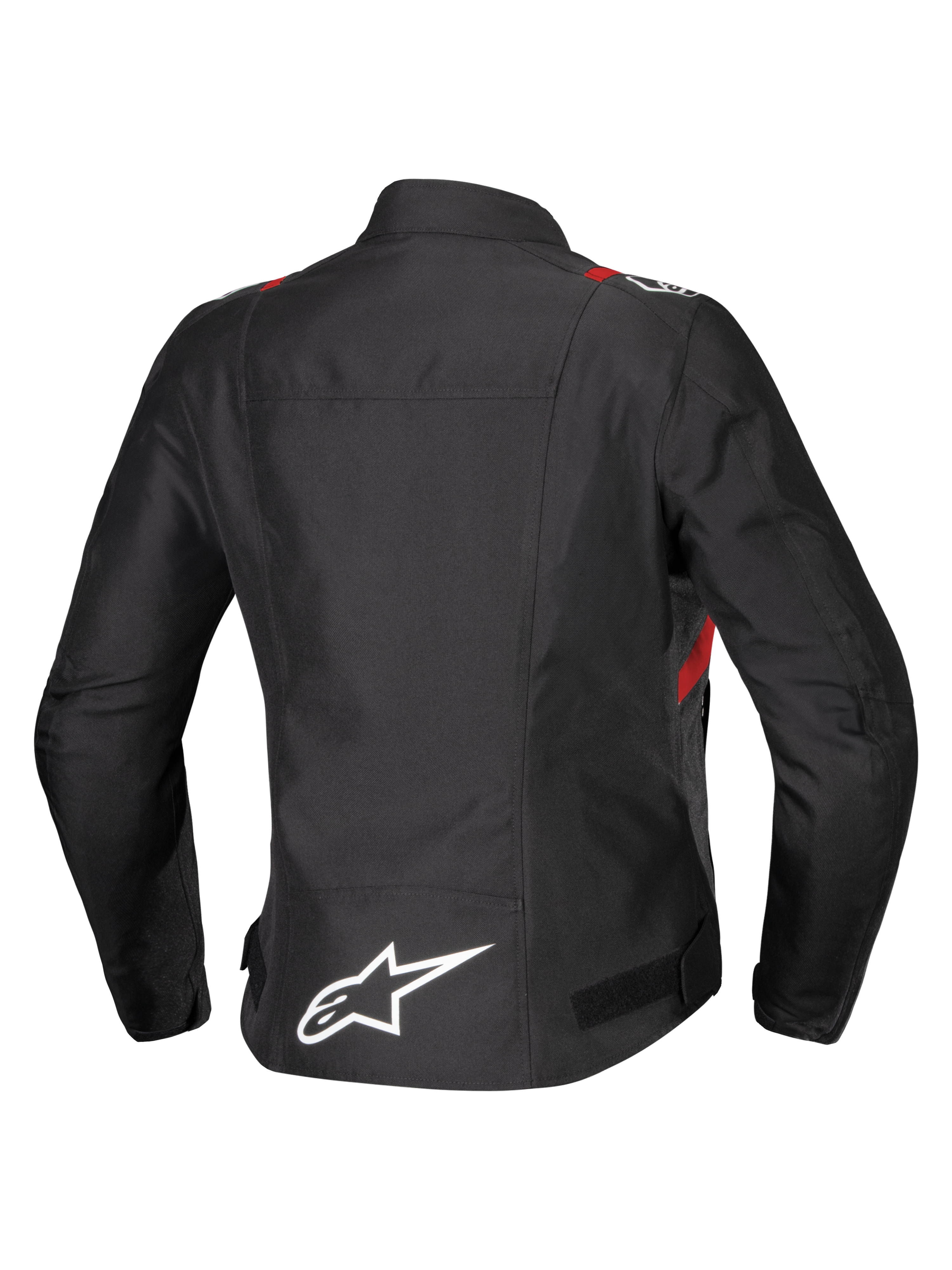 Chaqueta Alpinestars Stella T-SPS V2 Waterproof, vista trasera, negra con detalles en rojo y blanco, chaqueta de moto textil para mujer con un gran logotipo de Alpinestars blanco en la parte baja de la espalda y silueta deportiva