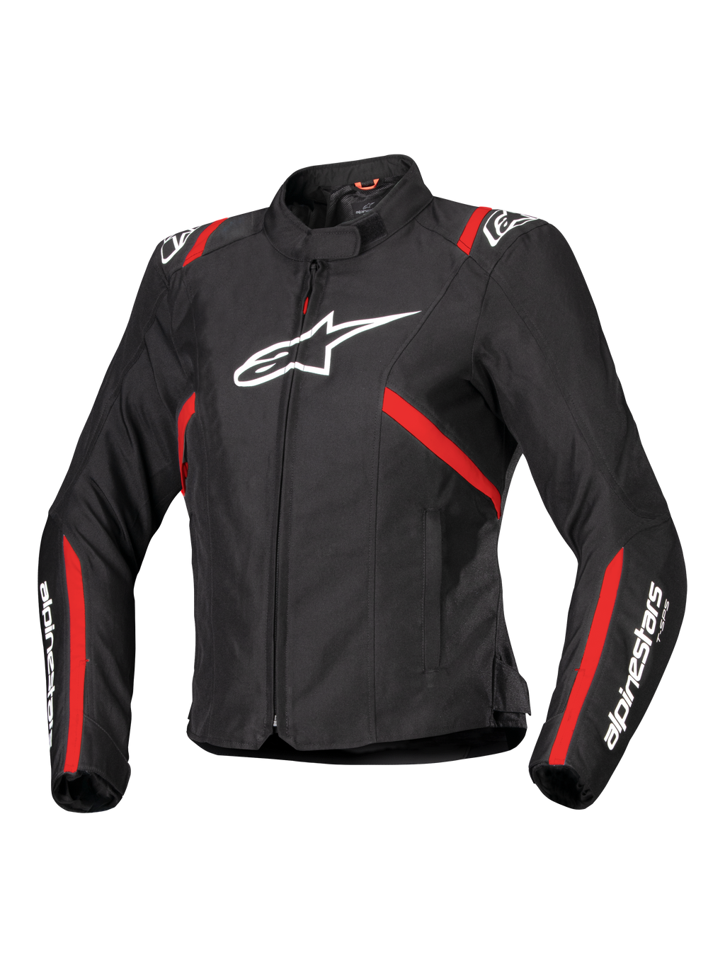 Alpinestars Stella T-SPS V2 Waterproof Jacket, chaqueta de moto deportiva para mujer, negra con franjas rojas y logotipos blancos, diseño ajustado inspirado en las carreras, con cuello alto y cremallera frontal