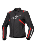Alpinestars Stella T-SPS V2 Waterproof Jacket, chaqueta de moto deportiva para mujer, negra con franjas rojas y logotipos blancos, diseño ajustado inspirado en las carreras, con cuello alto y cremallera frontal