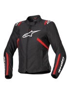Alpinestars Stella T-SPS V2 Waterproof Jacket, chaqueta de moto deportiva para mujer, negra con franjas rojas y logotipos blancos, diseño ajustado inspirado en las carreras, con cuello alto y cremallera frontal