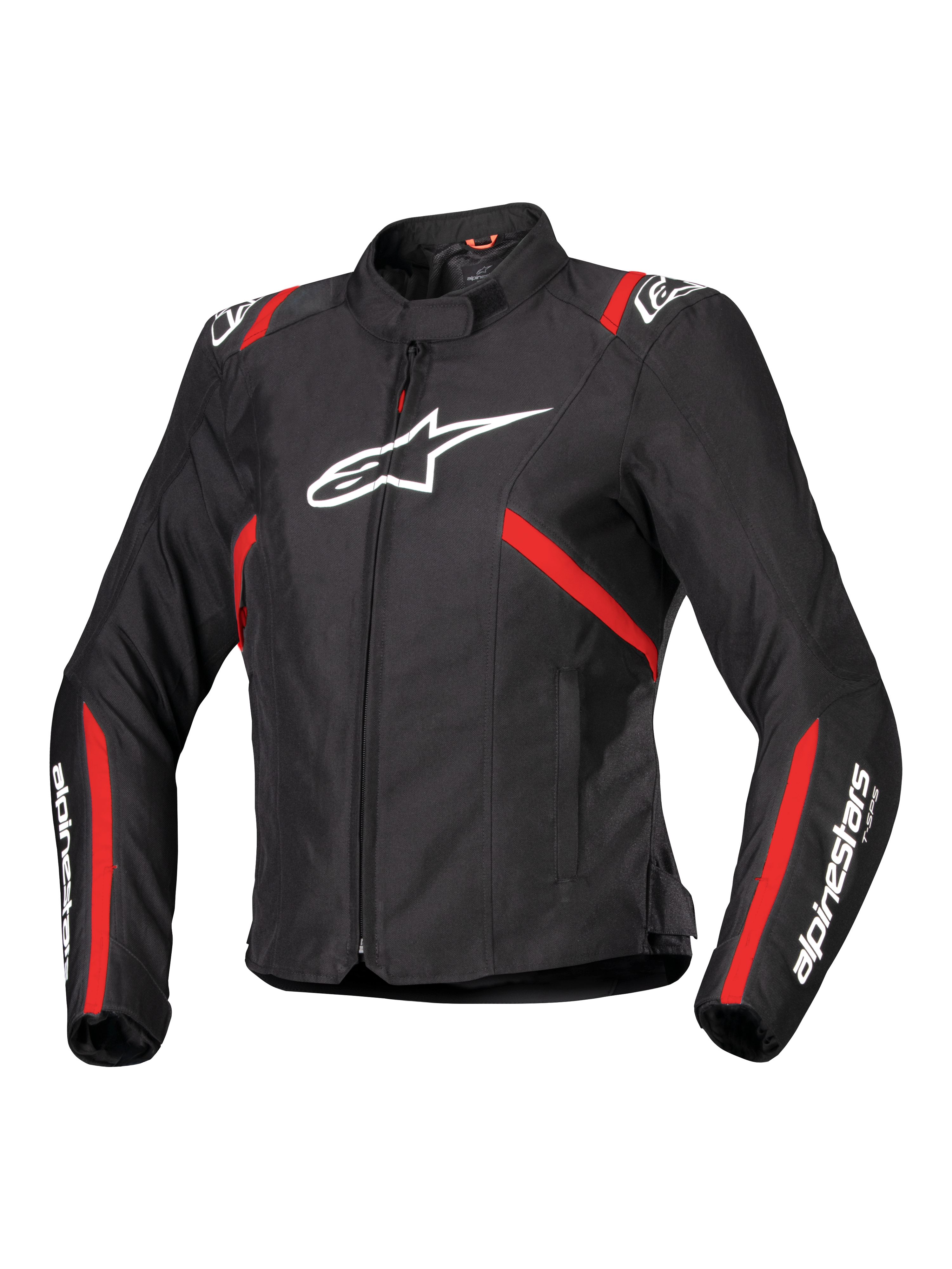 Alpinestars Stella T-SPS V2 Waterproof Jacket, chaqueta de moto deportiva para mujer, negra con franjas rojas y logotipos blancos, diseño ajustado inspirado en las carreras, con cuello alto y cremallera frontal