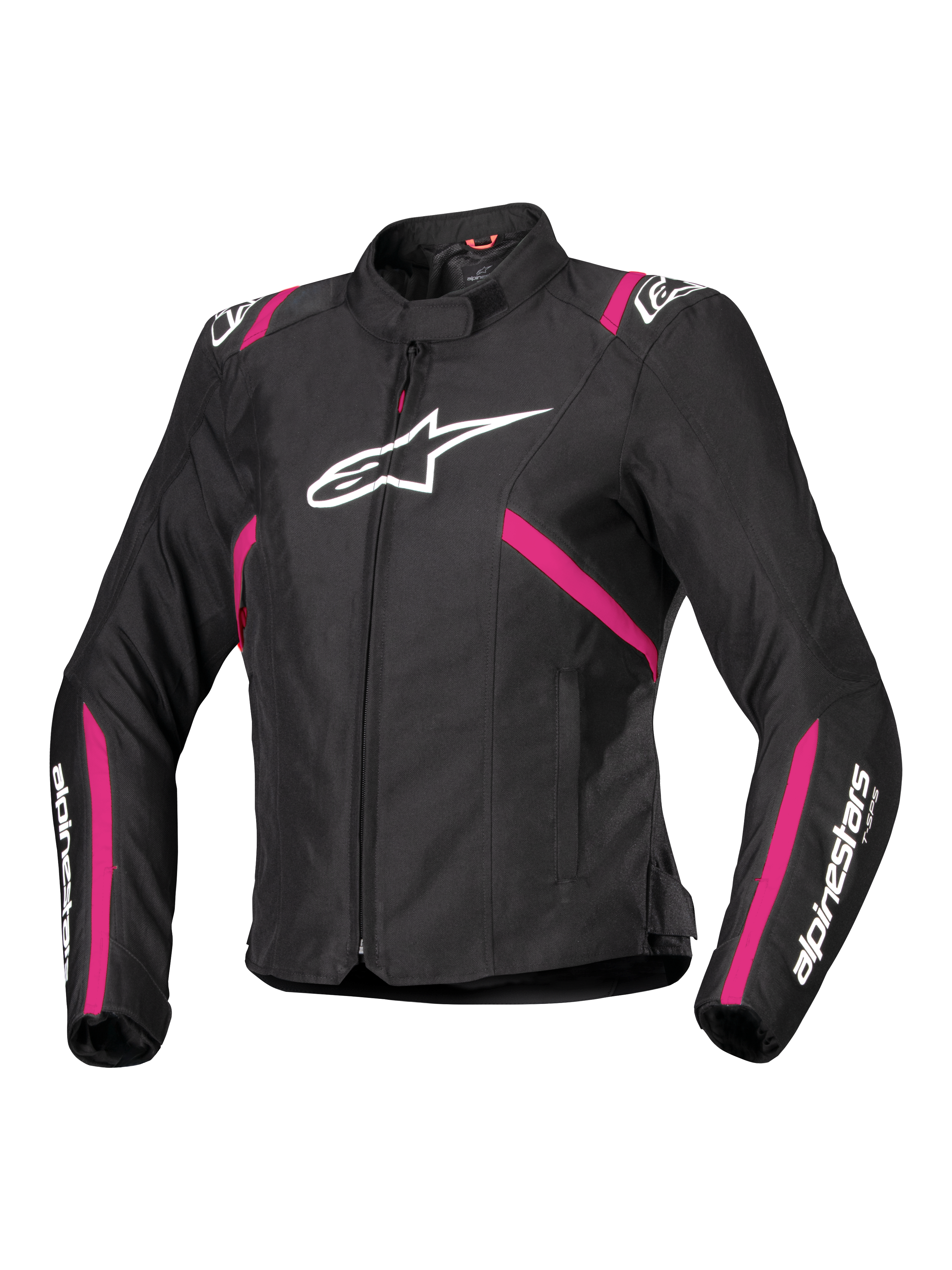 Alpinestars Stella T-SPS V2 Waterproof Jacket, chaqueta de moto textil para mujer, negra con acentos en rosa Diva y blanco, con un gran logo blanco de Alpinestars en el pecho, rayas rosas en el torso y las mangas, marca blanca en los antebrazos, diseño deportivo ajustado para todo tipo de clima